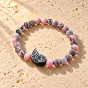 Bracelet en Jaspe Zèbre Rose & Plume d’Ange en Obsidienne