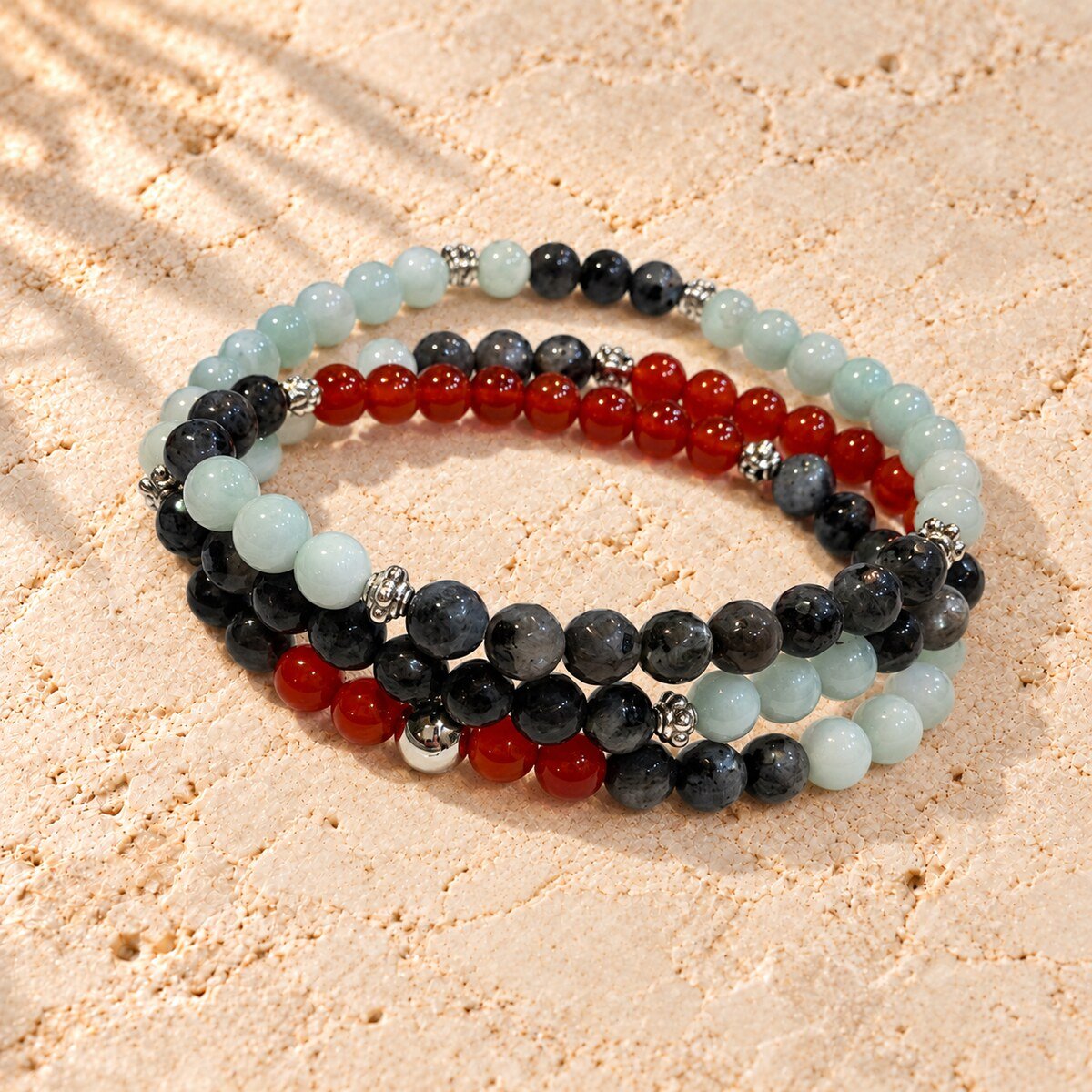 Bracelet Triple Tour en Cornaline, Angélite & Labradorite Facettée