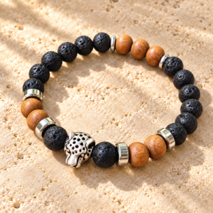 Bracelet en Bois de Santal et Pierre de Lave avec léopard argenté – Les Pierres de Lily