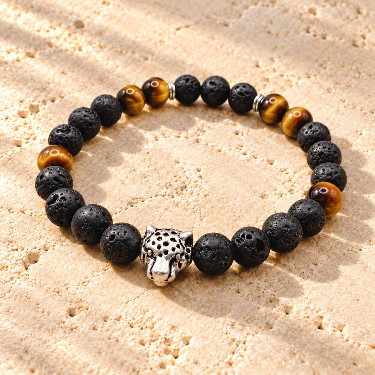 Bracelet en Œil de Tigre et Pierre de Lave avec léopard argenté – Les Pierres de Lily