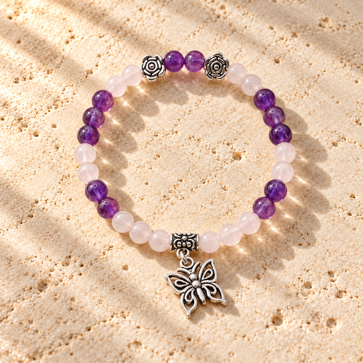 Bracelet en Quartz Rose et Améthyste avec pendentif papillon – Les Pierres de Lily