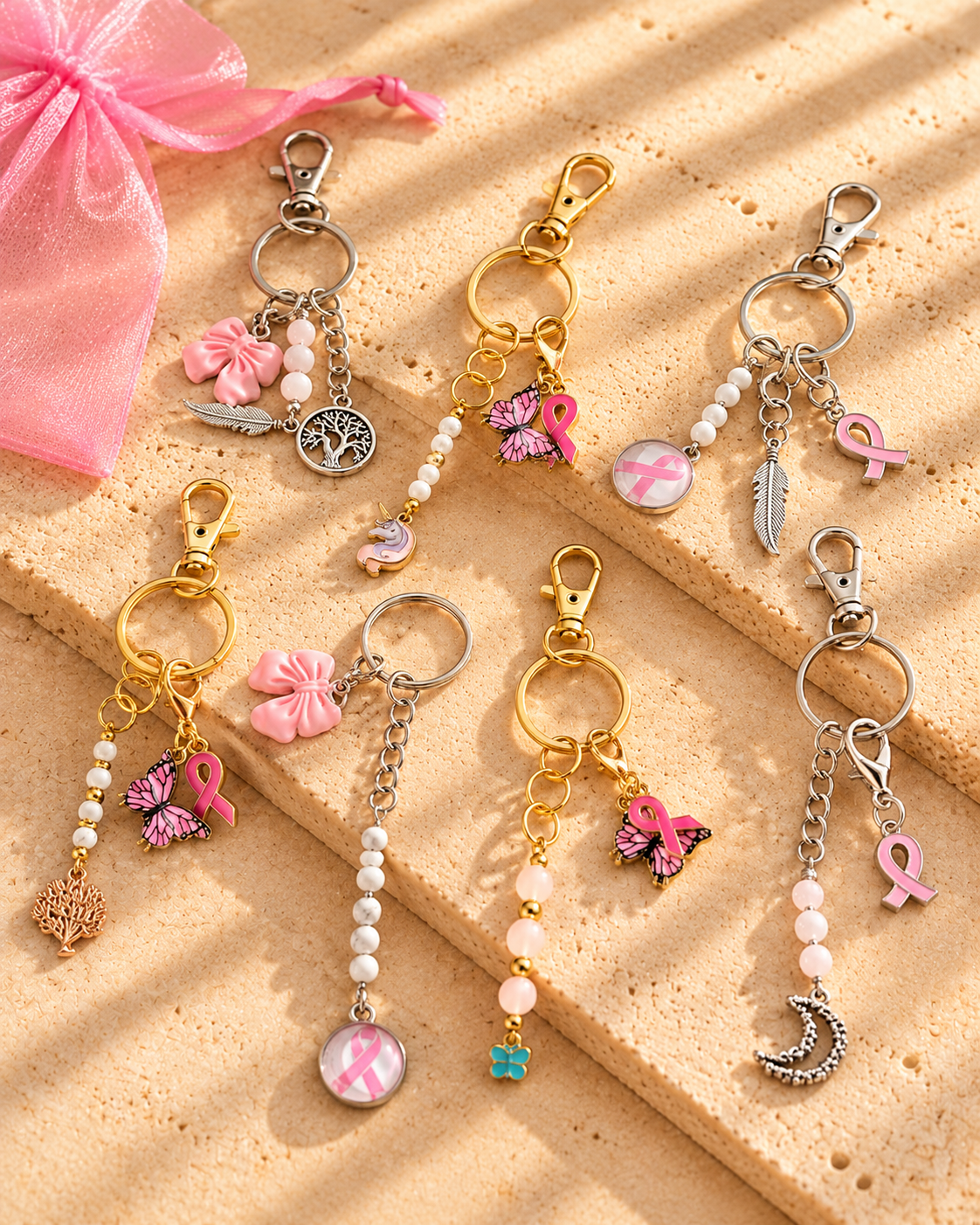 Porte-clés surprise solidaires en howlite et quartz rose pour Octobre Rose